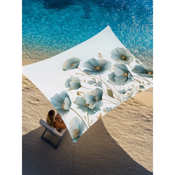 Vintage Blue Flower Sun Shade Sail 6.5' x 10', Watercolor Floral Modern Minimalist Abstract Rectangle Outdoor Sunshade Canopy, Waterproof UV Block Patio Covers for Garden Yard Beach