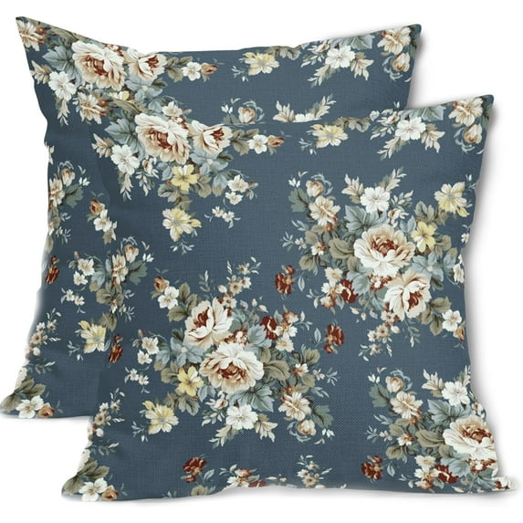 Vintage Blue Flower Throw Pillow Covers 16x16 Inch Chinoiserie Pillow Cover Spring Summer Floral Outdoor Pillow Cases Cotton Linen Cushion Covers for Couch Sofa Bedroom Chinoiserie Decor (Pack of 2)