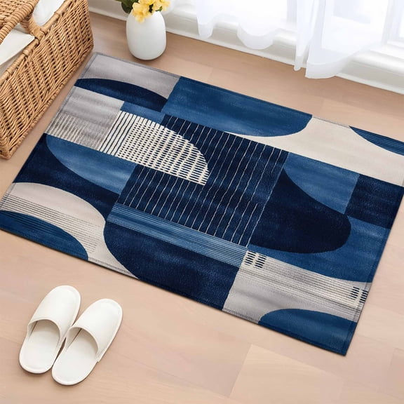 Vintage Blue Geometric Bathroom Rug Washable 2x3 Entryway Rug Non Slip White Black Blue Abstract Front Door Mat Low Pile Indoor Doormat Throw Floor Carpet for Kitchen Bedroom Entrance