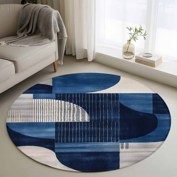 Vintage Blue Geometric Round Rug 3ft Washable Circle Entryway Rugs Non Slip White Black Blue Abstract Area Rug Indoor Floor Carpet for Bedroom Kitchen Living Room Home Office Dining Room Nursery