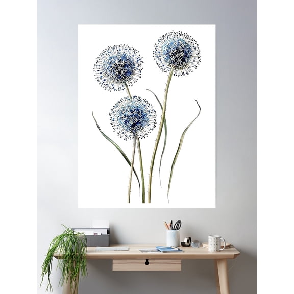 Vintage Blue Globe Thistle Illustration Poster Wall Art, Modern Wall Decor For Living Room Bedroom, 12x18 UNFRAMED