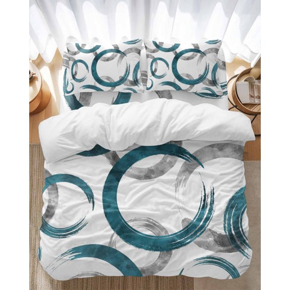 Vintage Blue Gray Circle Lines Bedding Duvet Cover Set King Size 4 Pieces Abstract Art White Background Bedding Set with Zipper Closure, 1 Comforter Cover 92x106 Inches 1 Flat Sheet & 2 Pillow Cases