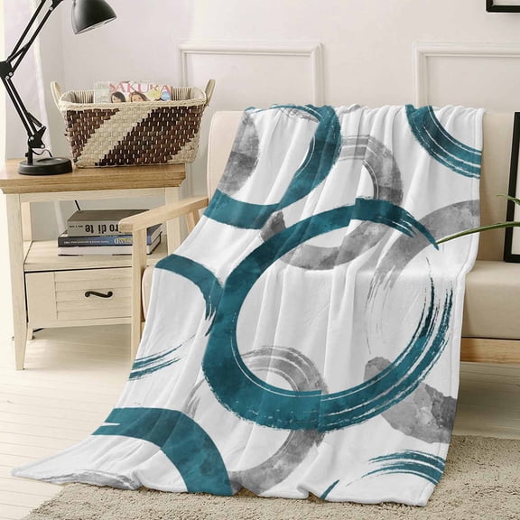 Vintage Blue Gray Circle Lines Throw Flannel Blanket 60x80In Abstract Art White Background Super Soft Cozy Bed Blanket, Lightweight Plush Fuzzy Bed Throw for Bedroom Sofa Couch Living Room