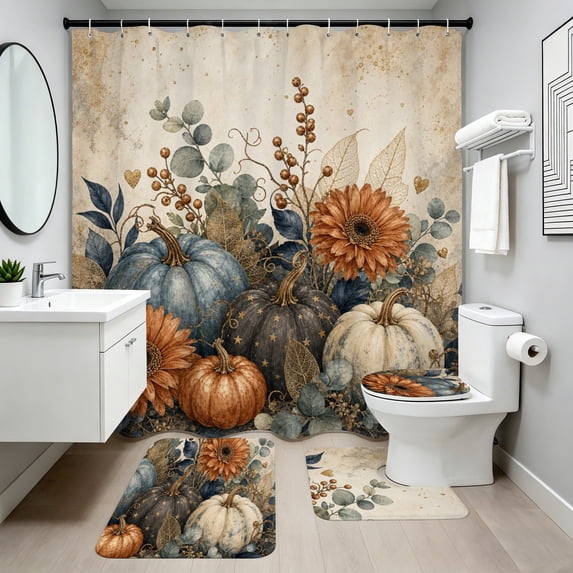 Vintage Blue Gray Pumpkin Floral 4 Piece Bathroom Set, 72" x 72" Shower Curtain and Rug Set with Bath Mat, Contour Rug, Toilet Lid Cover, Hooks for Vintage Fall Bathroom Decor