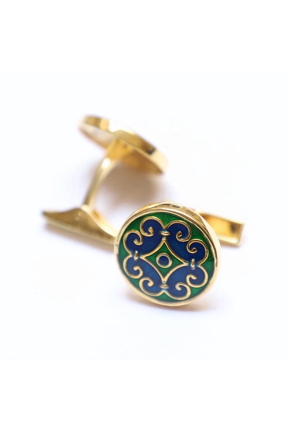 Vintage Blue Green Enamel Round Shape Mughal Pattern Silver Cufflinks Handcrafted Luxury Jewelry Elegant Gift for Men's Weddings Anniversaries and Special Occasions