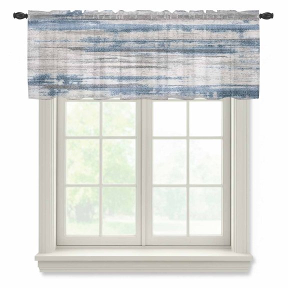 Vintage Blue Grey Semi Sheer Valance Curtains Modern Retro Abstract Art Voile Valances Curtain Rod Pocket Small Window Treatment for Kitchen Bathroom Cafe 60"x18"