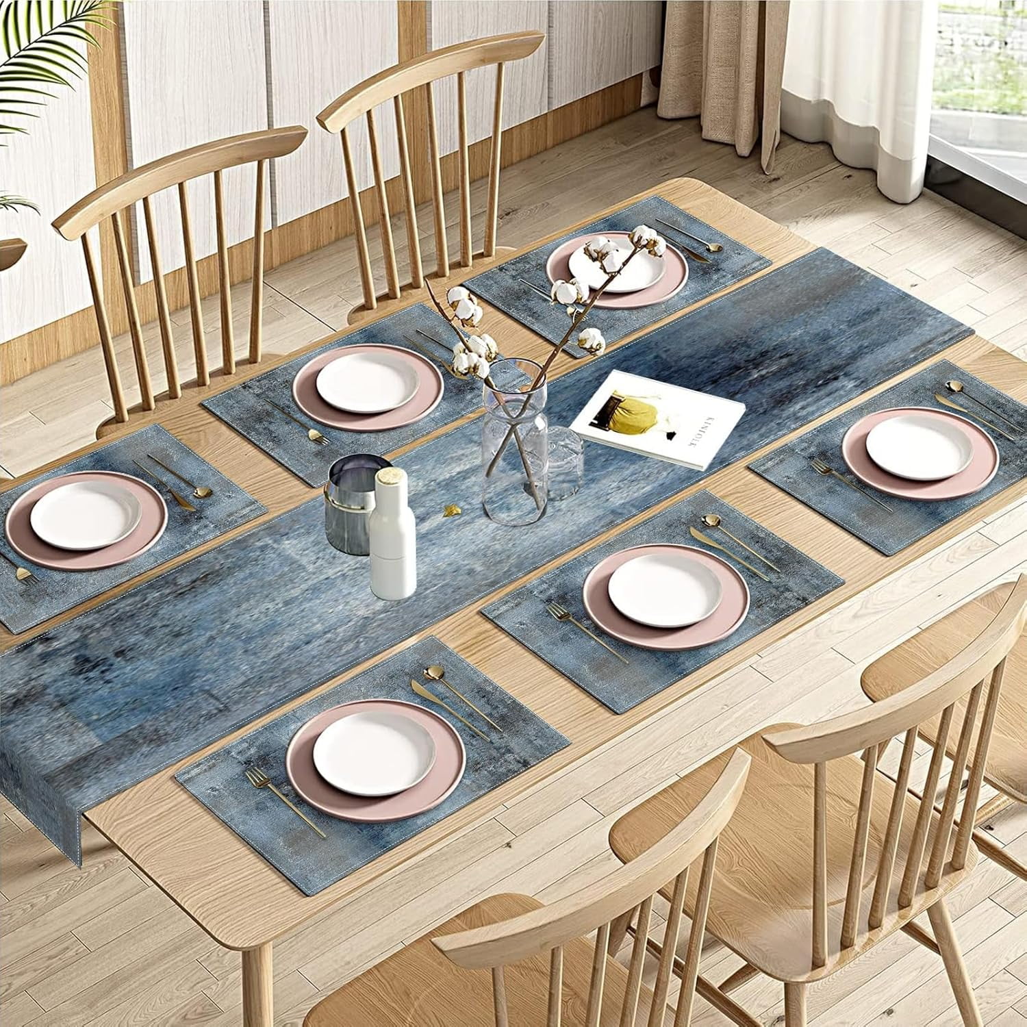Vintage Blue Grey Table Runner and Placemats Set of 6, Modern Abstract Painting Art Dining Decor for Daily Use(1 Table Runner 72 inches Long and 6 Placemats)