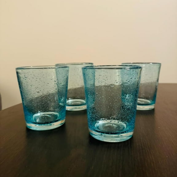 Vintage Blue Hand Blown Glass Cups, Glass Barware Sets, Stemless Glass, Funky Drinking Glasses, 4 "W x 4 "H x 4 "D, Glass Drinkware for Coffee Tea Wine Water Whiskey, 16 Fluid Ounces