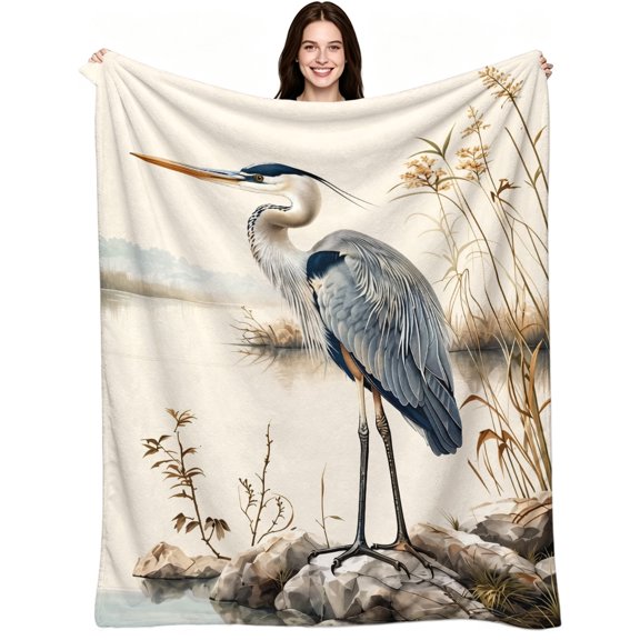 Vintage Blue Heron Lake Print, Flannel Fleece, Artistic Nature Style, Warm Cozy Throw Blanket, Tranquil Relaxing Comfort, Bird Lovers Decor, Couch Bed Sofa