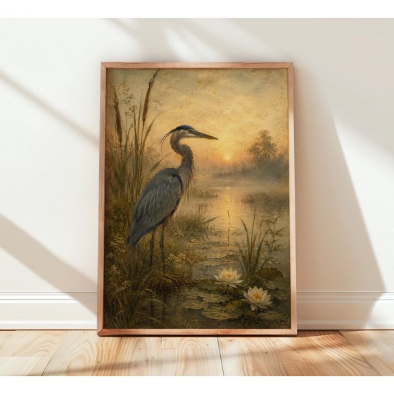 Vintage Blue Heron Marsh Print, Misty Dawn Bird Wall Art, Botanical Wetland Artwork, Antique Nature Decor Poster , Poster Print Only