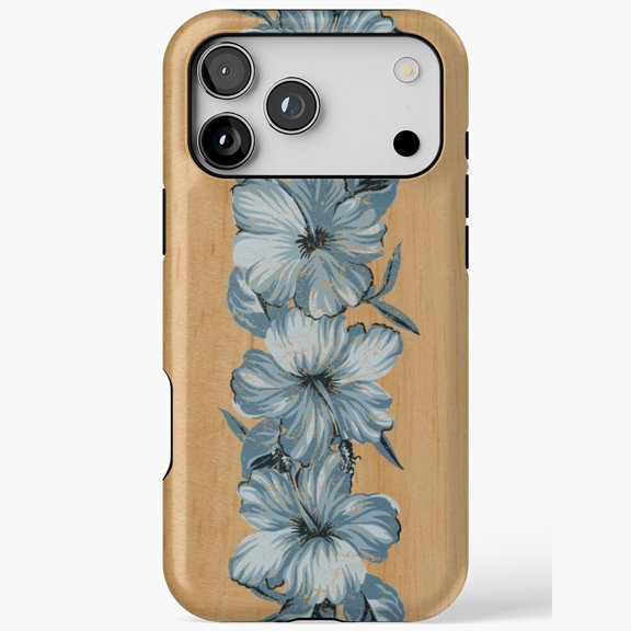 Vintage Blue Hibiscus Floral for iPhone Case 11 through 17 Pro Max Wood Grain