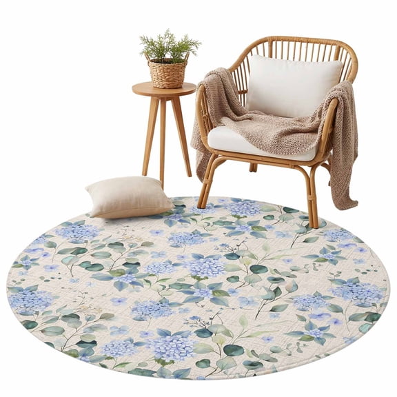Vintage Blue Hydrangea Area Rug for Bedroom Living Room Rug 3ft, Soft Sponge Cushioned Non-Slip Washable Round Rugs, Eucalyptus Floral on Linen Round Rugs for Dining Room Office Nursery Home