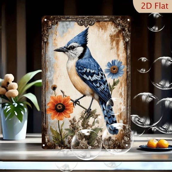 Vintage Blue Jay on Branch with Flowers 8x12 Inch Metal Wall Art, Antique Style Bird Print on Tin for Home Decor