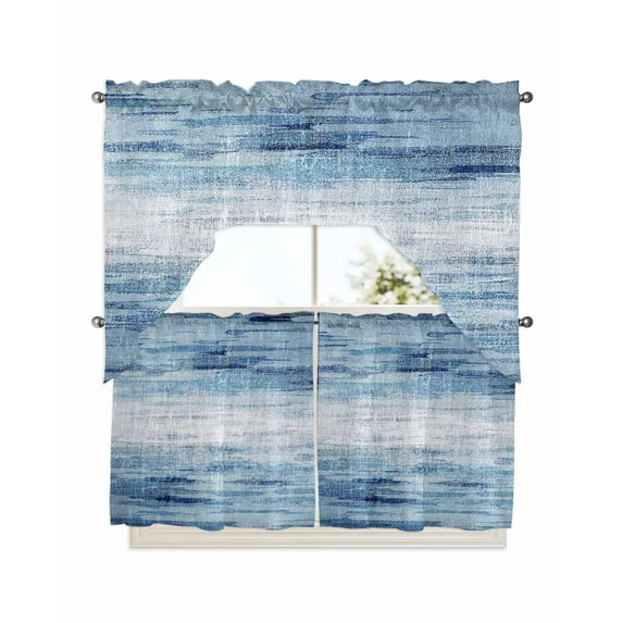 Vintage Blue Kitchen Curtains Swag Valance and Tier Curtains Set 24 Inch Length, Retro Blue Ombre Modern Abstract Art Rod Pocket Drape Panels Pair Swag Curtains for Bathroom/Cafe/Window