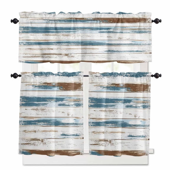 Vintage Blue Kitchen Curtains and Valances Set, Brown Wood Grain Abstract Mottled Artistically Rod Pocket Window Valance Window Curtain Panels for Living Room Bedroom Laundry, 27.5x36in, 3 Pieces
