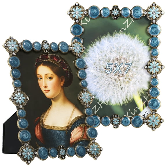 Vintage Blue Metal Picture Frame, 5 x 7 in Ornate Antique Blue Photo Frame, Horizontal & Vertical Display, Retro Decorative Photo Frame with Clear Panel & Velvet Back, Tabletop Shelf Decor