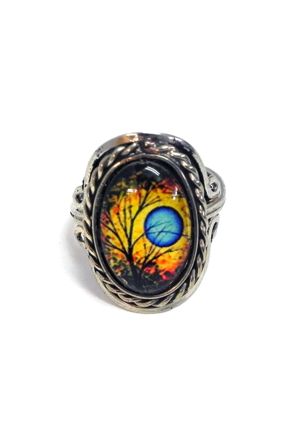 Vintage Blue Moon Tree Graphic Small Oval Acrylic Cabochon Silver Metal Border Adjustable Ring - Womens Fashion Handmade Jewelry Boho Accessories