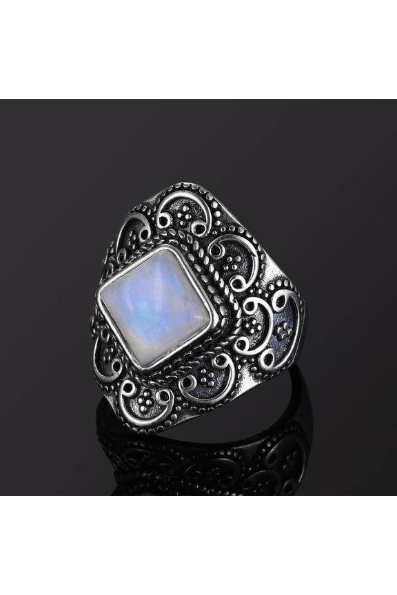 Vintage Ring Inlaid With Natural Blue Moonstone Gem For Women Individually Packed Ring National Style Geometry