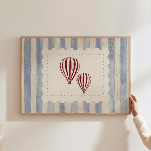 Vintage Blue Nursery Art Hot Air Balloon Illustration Retro Wall Art Rustic Aviation Baby Boy Nursery Decor Home Decor, 8x12 UNFRAMED