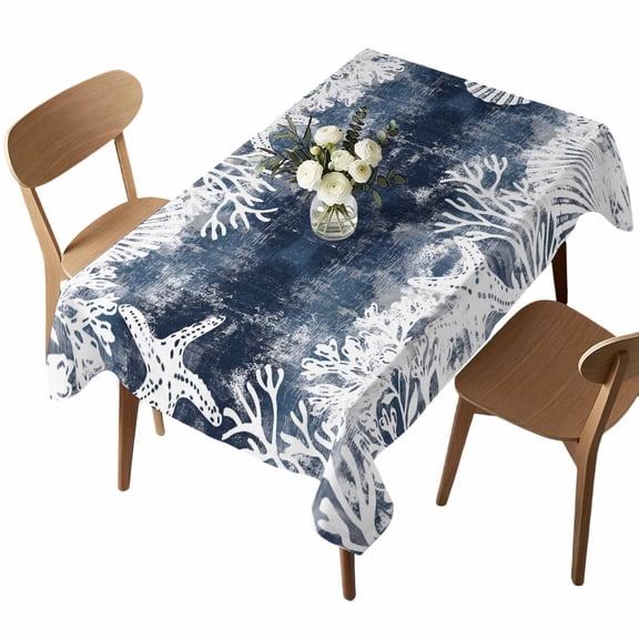Vintage Blue Ocean Rectangle Tablecloth Country Nautical Coastal Sea Starfish Shell Coral Waterproof Wrinkle Free Soft Table Cloth Spill-Proof Washable Table Cover for Dining Picnic 60 x 84 Inch