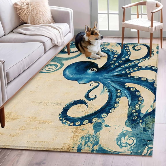 Vintage Blue Octopus Area Rug 4x6 Washable Rug Non Slip Summer Coastal Ocean Wave Large Area Rug Indoor Floor Carpet for Entryway Bedroom Kitchen Living Room Home Office Dining Room Nursery