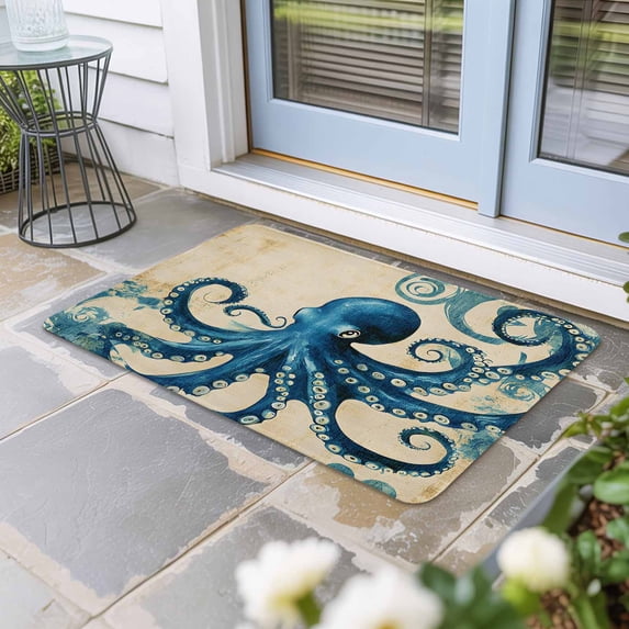Vintage Blue Octopus Door Mat Indoor Outdoor, Summer Coastal Ocean Wave Non Slip Welcome Mat with Rubber Backing, Absorbent Fabric Front Door Mats Entryway Rug for Home Patio Entrance 16"x24"