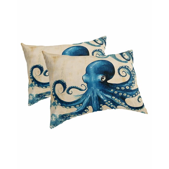 Vintage Blue Octopus Pillow Covers Queen Size 2 Pack, Summer Coastal Ocean Wave Soft Bed Throw Pillowcases Breathable Cooling Long Lumbar Body Pillow Sham Cover for Bed Sofa 20''x30''