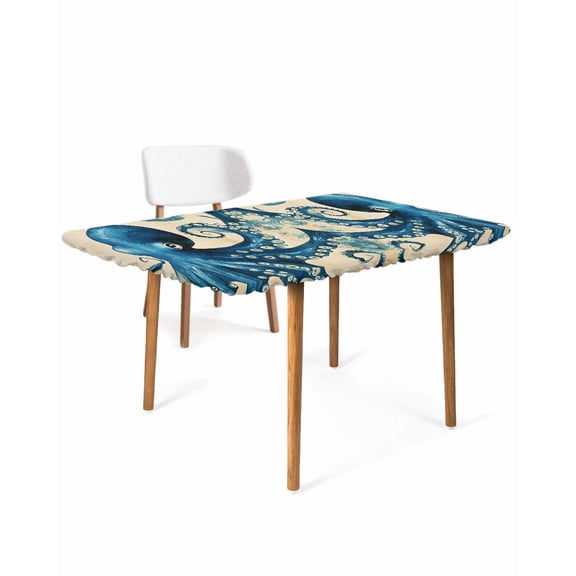 Vintage Blue Octopus Rectangle Tablecloth, Waterproof Elastic Fitted Table Covers for 3 Foot Tables, 24x36inch Decorative Tablecloths for Picnic, Camping, Indoor, Outdoor, Summer Coastal Ocean Wave