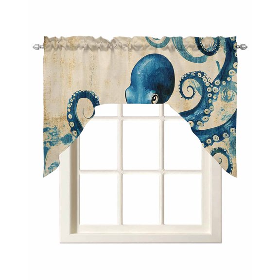 Vintage Blue Octopus Swag Valances for Windows, Small Curtains Drapes, Summer Coastal Ocean Wave Kitchen Window Curtains Over Sink Rod Pocket Window Treatment Valance for Bedroom/Bathroom 56"x36"