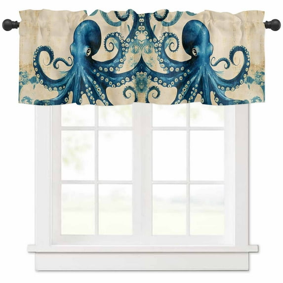 Vintage Blue Octopus Valances for Windows Farmhouse Kitchen Curtains Valances Rod Pocket Valance Curtains for Kitchen Windows Summer Coastal Ocean Wave Window Valances for Bathroom Bedroom 54"x18"