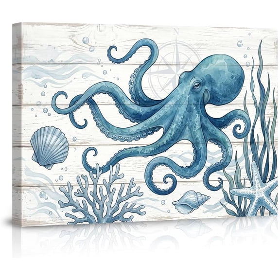 Vintage Blue Octopus Wall Art Nautical Coastal Decor Rustic Sea Life Print