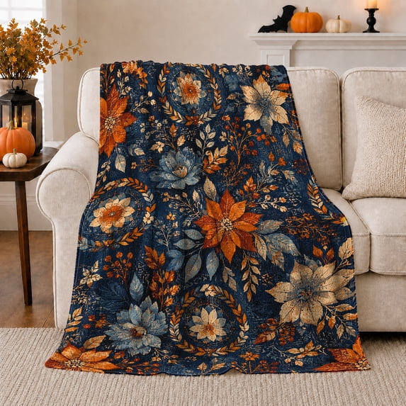 Vintage Blue Orange Floral Flannel Blanket for Couch Sofa Bed, Botanical Home Decor for Women Men, Boho Flower Gift for Birthday Holiday Housewarming Reading Lounge