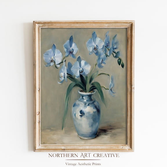 Vintage Blue Orchid Flowers Wall Art, Antique Blue Floral Print, Rustic, Aesthetic Farmhouse Decor,19 Century Decoration Home Decor #2488, Unframed Canvas Size 8x12