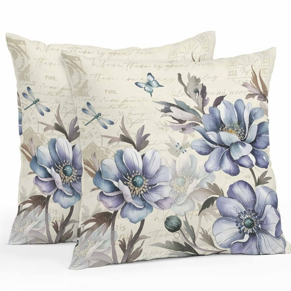 Vintage Blue Outdoor Waterproof Pillow Covers 24x24 Pack of 2 Flower Farmhouse Botanical Letter Background Decorative Outdoor Pillow Covers Square Cushion Cases for Patio Furniture Pergola Couch