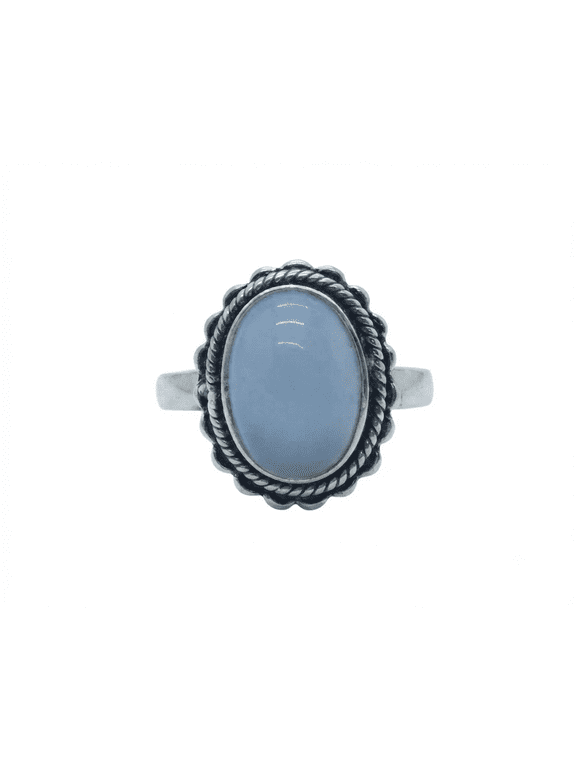Vintage Blue Oval Stone Brass Ring Silver Polish Boho Statement Ring
