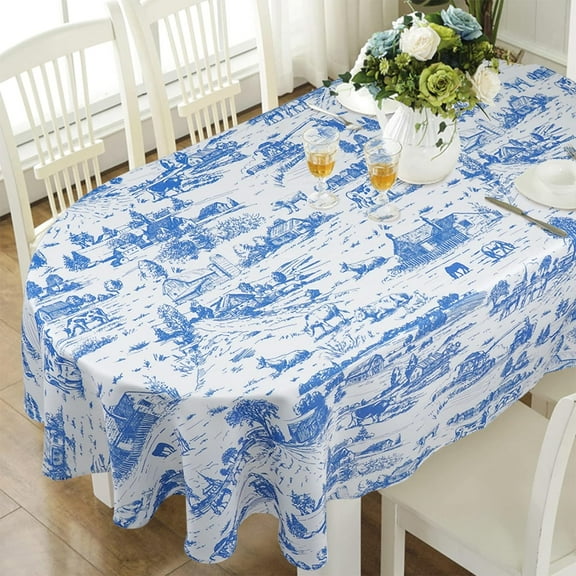Vintage Blue Oval Tablecloth for Oval Table Smaller Than 54 x 78 inches, Waterproof Table Cloths for Dining Room Indoor Outdoor Table Cloth - 60x84in