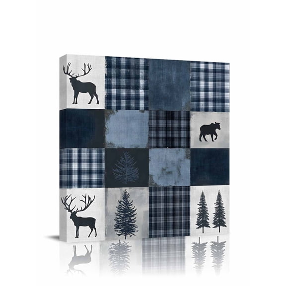 Vintage Blue Patchwork Canvas Wall Art, Miu Deer Bear Tree Buffalo Plaid Modern Framed Wall Decor Modern Artwork Prints Painting for Living Room, Bedroom, Kitchen & Cafe Decor 20x20 Inch