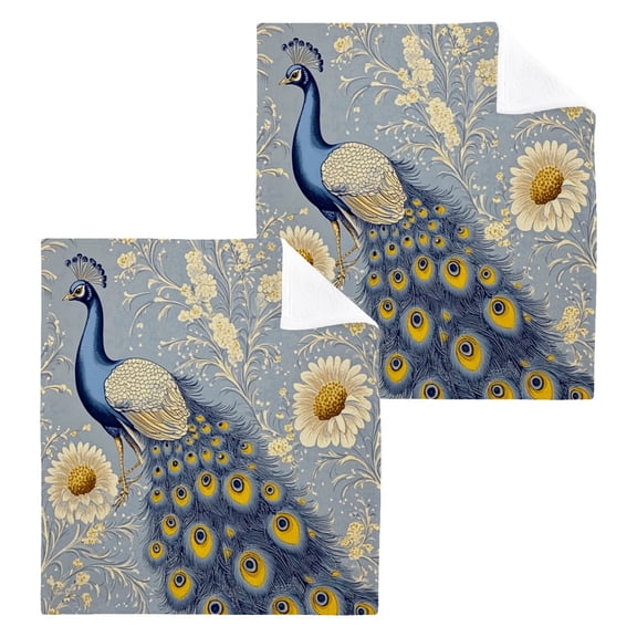 Vintage Blue Peacock 100% Cotton Face Towel 12x12in Soft Absorbent Washcloth Durable Printed Hand Towels for Bathroom Travel 2 Pcs