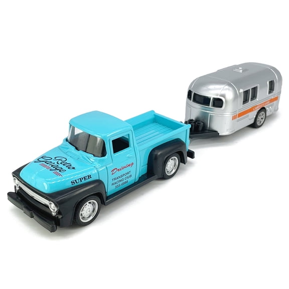 Vintage Blue Pickup Truck Trailer Towing Toy Camper RV Motorhome Toys for Boys Diecast Model Car Metal Pull Back Toy Cars, 3 4 5 6 7 Year Old Toddler Kids Birthday Gifts Cake Topper Home Office Dcor