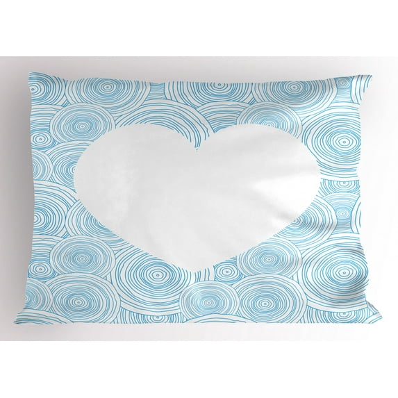 Vintage Blue Pillow Sham Randomly Nested Concentric Circles Pattern with a Blank Heart Icon, Decorative Standard Size Printed Pillowcase, 26 X 20 Inches, Pale Blue and White, by Ambesonne