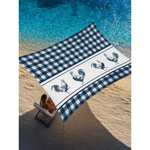 Vintage Blue Plaid Sun Shade Sail 14' x 18', Farm Cock Chicken Animal Watercolor Rectangle Outdoor Sunshade Canopy, Waterproof UV Block Patio Covers for Garden Yard Beach