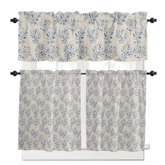 Vintage Blue Plant Kitchen Curtains Valances and Tiers Set of 3, 24 Inch Length Tier Curtains and Valance Rod Pocket Valance Curtains Set for Kitchen Bathroom Small Windows