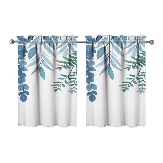Vintage Blue Plant Leaves Tier Kitchen Curtains for Bathroom Living Rod Pocket Window Drapes 28"x36" 2 Panels Window Treatment Tiers