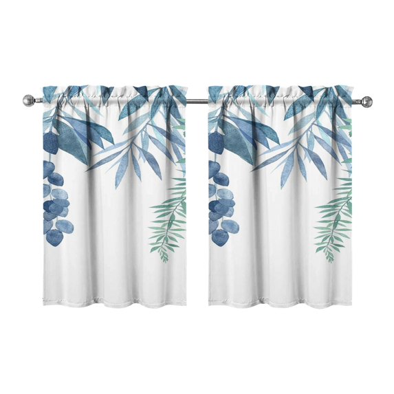 Vintage Blue Plant Leaves Tier Kitchen Curtains for Bathroom Living Rod Pocket Window Drapes 28"x36" 2 Panels Window Treatment Tiers
