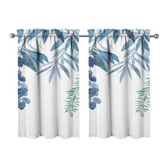 Vintage Blue Plant Leaves Tier Kitchen Curtains for Bathroom Living Rod Pocket Window Drapes 28"x39" 2 Panels Window Treatment Tiers