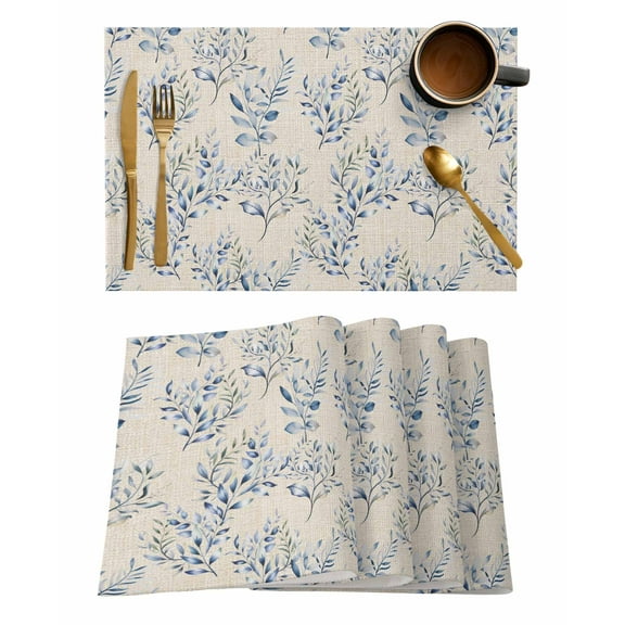 Vintage Blue Plant Placemats Set of 8 Watercolor Flower Leaf Farm Country Heat Insulation Washable Place Mats, Rustic Non-Slip Table Mats for Dining Table Party Kitchen Decor,13x19 Inch