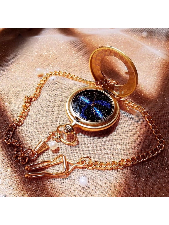 Vintage Blue Pocket Watch Star Map Design Quartz Timepiece with Crystal Accents Celestial Flip Cover Necklace Watch