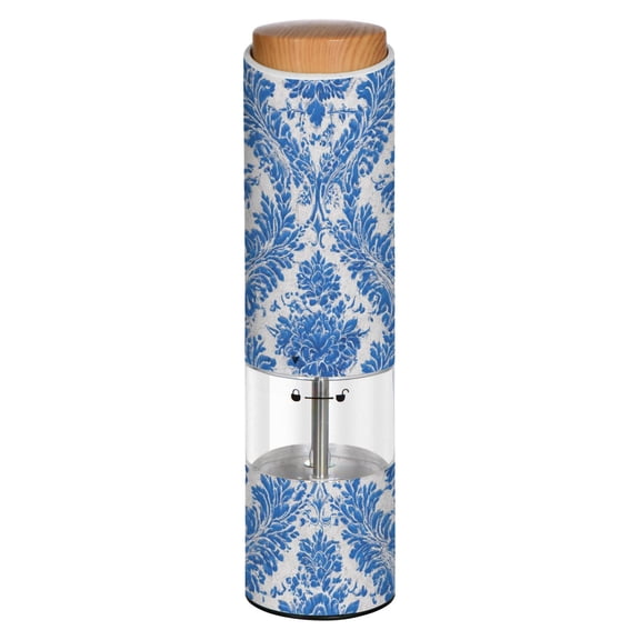 Vintage Blue Porcelain Damask Printed Electric Pepper Mill One-Touch Battery Operated Salt Grinder Adjustable Coarseness Decorative Counter Spice Tool