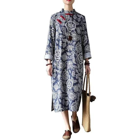 Vintage Blue Printed Cotton Linen Split Long Sleeve Short Sleeve Dress Cheongsam