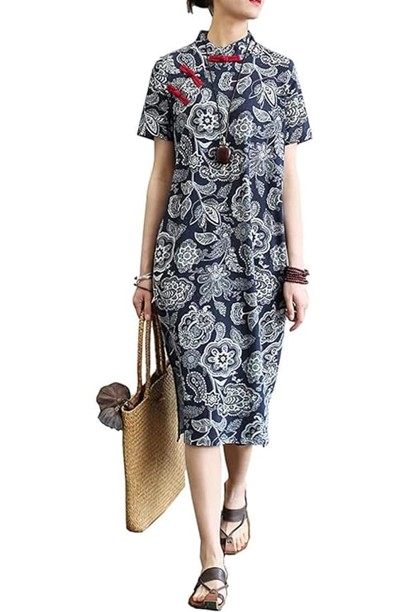 Vintage Blue Printed Cotton Linen Split Long Sleeve Short Sleeve Dress Cheongsam